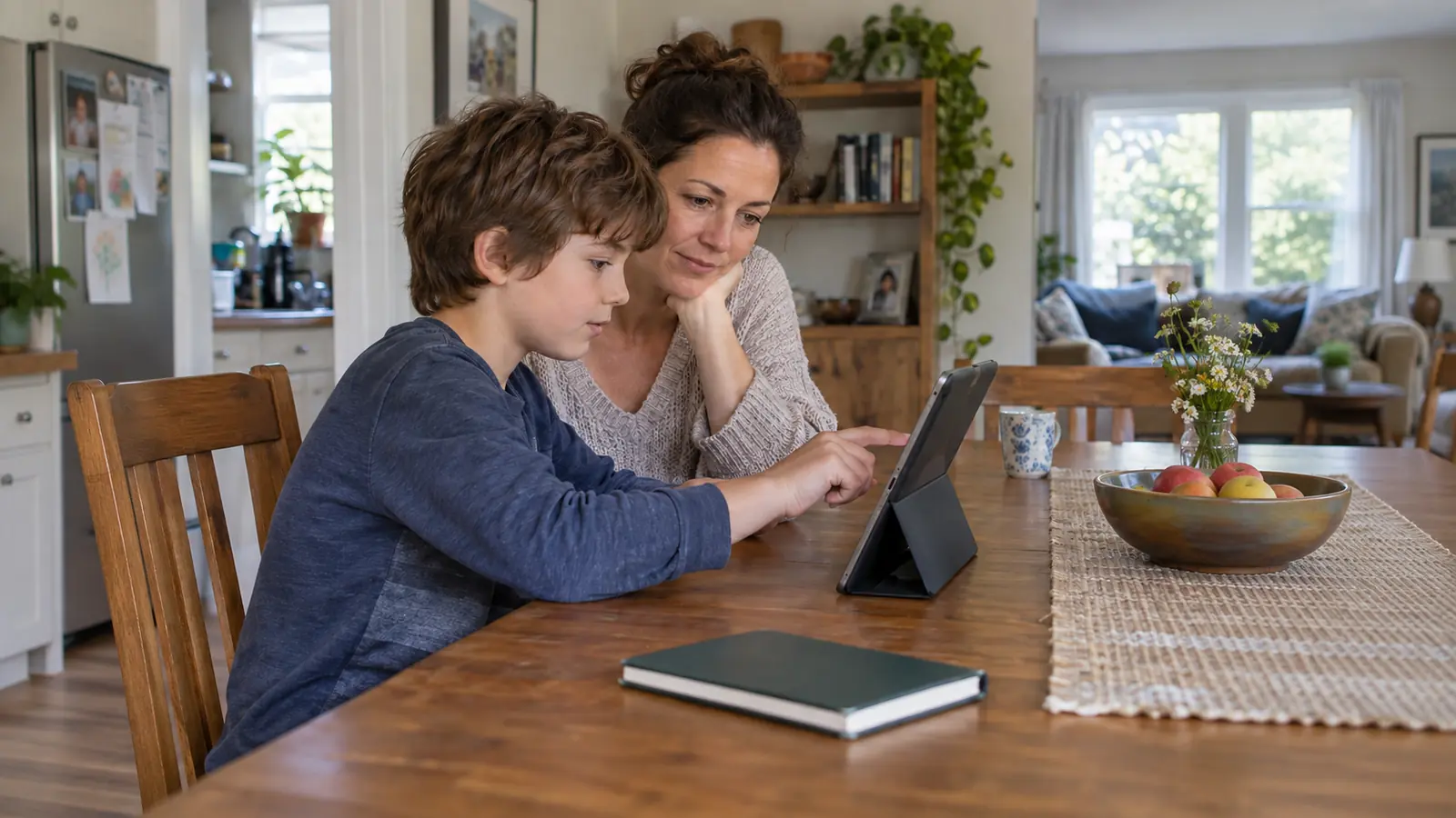 Eine Mutter und ihr schulpflichtiges Kind sehen gemeinsam auf ein Tablet am heimischen Tisch.
