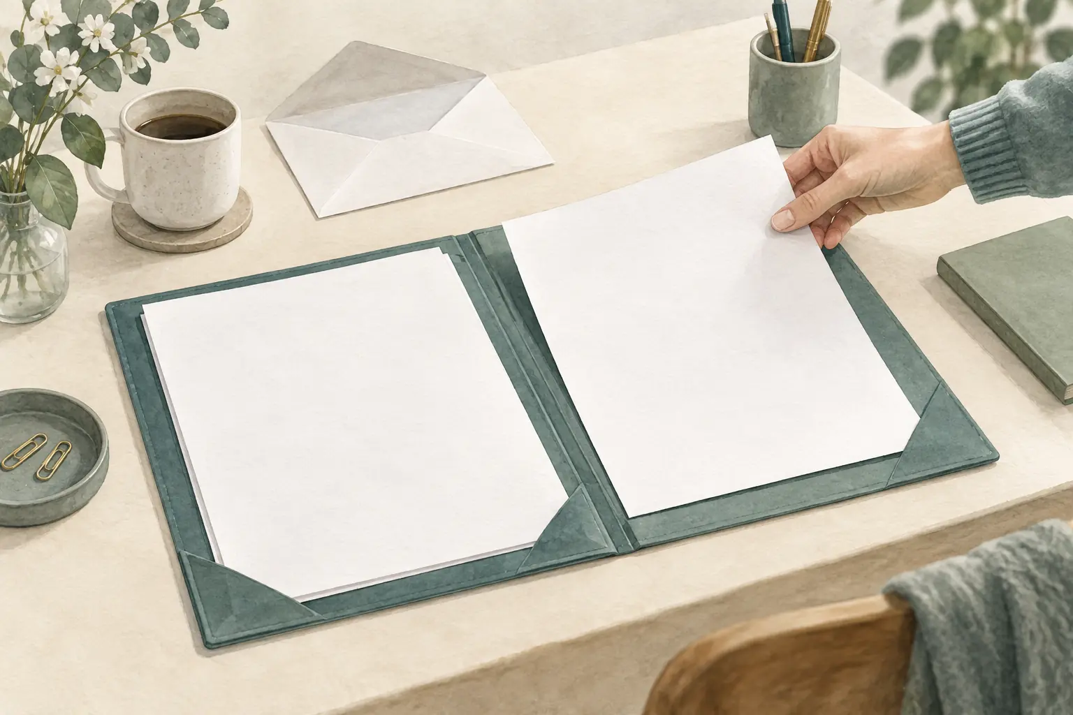 Eine Hand legt ein neues unbeschriftetes Blatt zu den vorhandenen Unterlagen in einer offenen Arbeitsmappe.