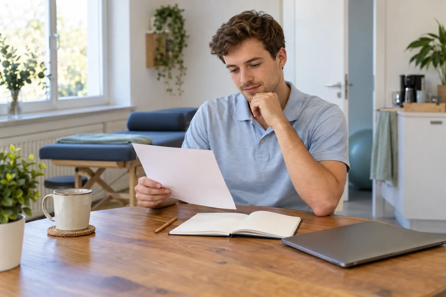 Praxismitarbeiter arbeitet einen Abrechnungslernfall mit Papier und Notizbuch durch; der Laptop ist geschlossen.