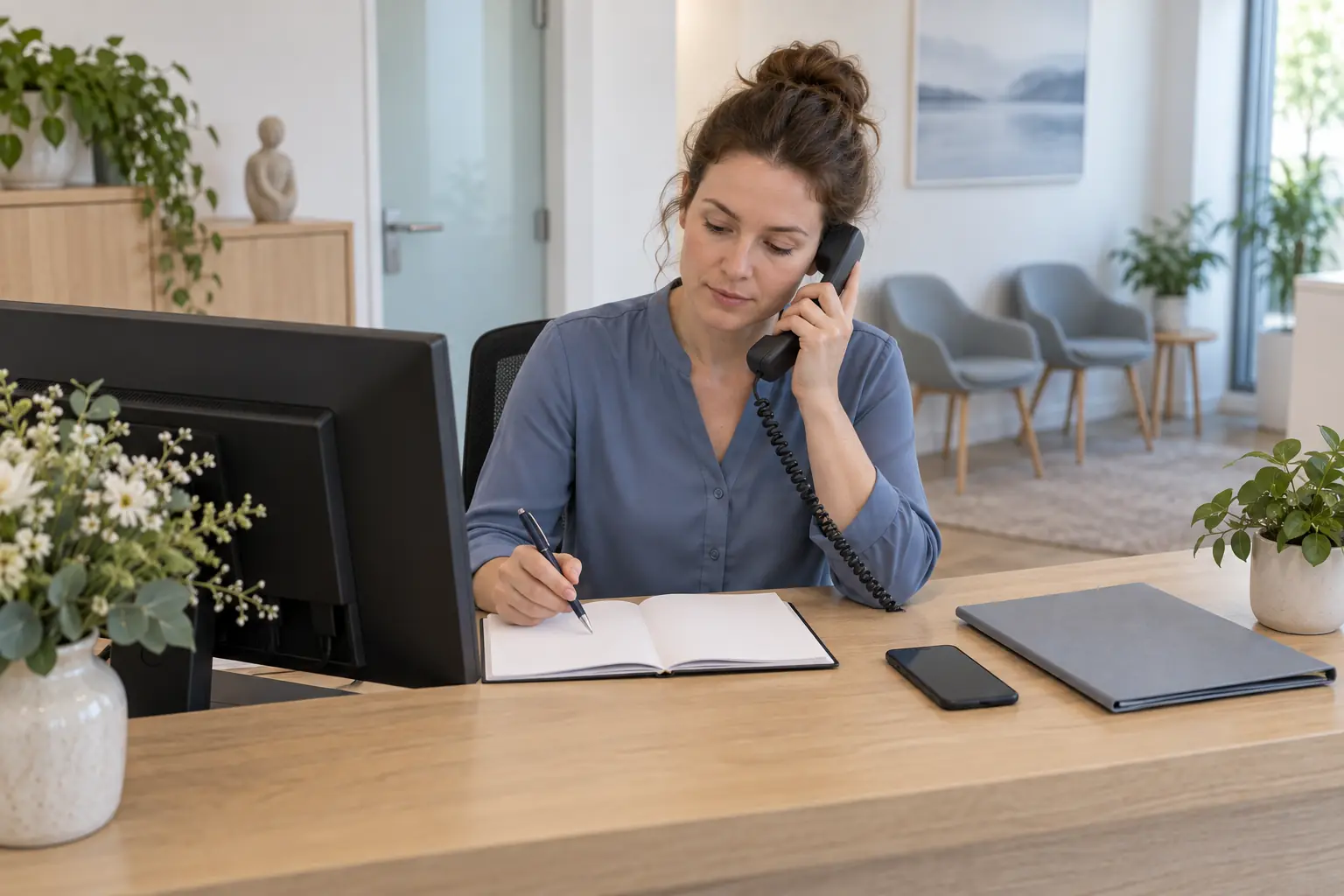 Eine Empfangsmitarbeiterin telefoniert mit einem Hörer und hält einen Stift über ein offenes unbeschriftetes Notizbuch; ein Smartphone mit der Rückseite nach oben und eine geschlossene Mappe liegen neben der Monitorrückseite.