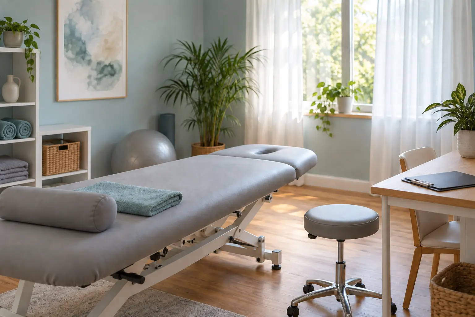 Ein vorbereiteter Behandlungsraum mit leerer Therapieliege, Hocker und geschlossenem Klemmbrett.