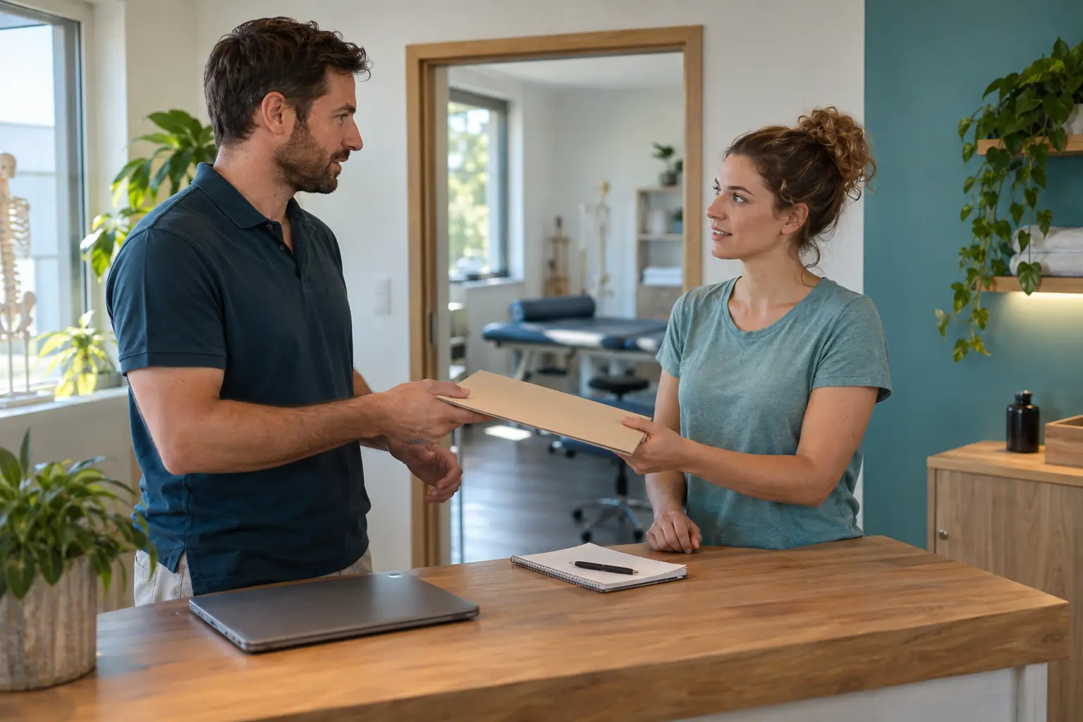 Zwei Physiotherapie-Kollegen übergeben eine geschlossene Mappe an einem Praxistresen und besprechen die weitere Arbeit.