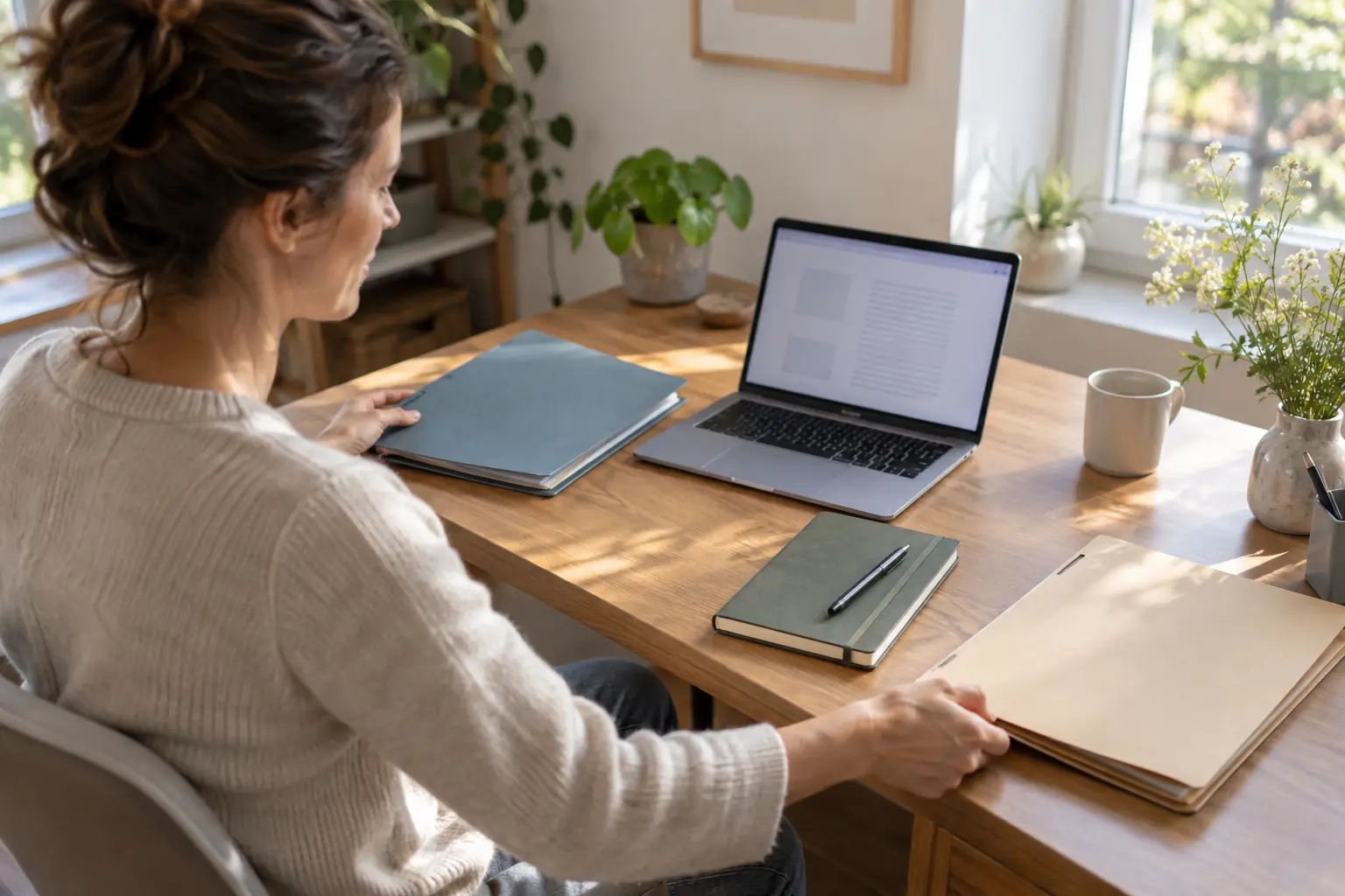 Eine Frau legt an ihrem Schreibtisch einen blauen Ordner neben den Laptop und hält einen beigefarbenen Ordner getrennt am Tischrand.