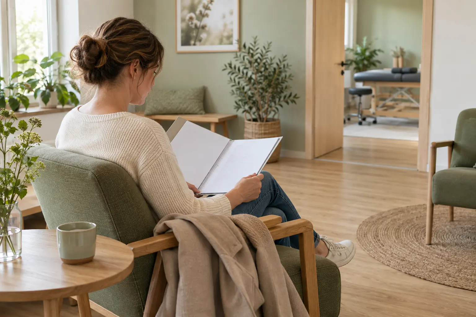 Patientin liest vor dem Termin in einer ruhigen Warteecke die Honorarunterlagen.