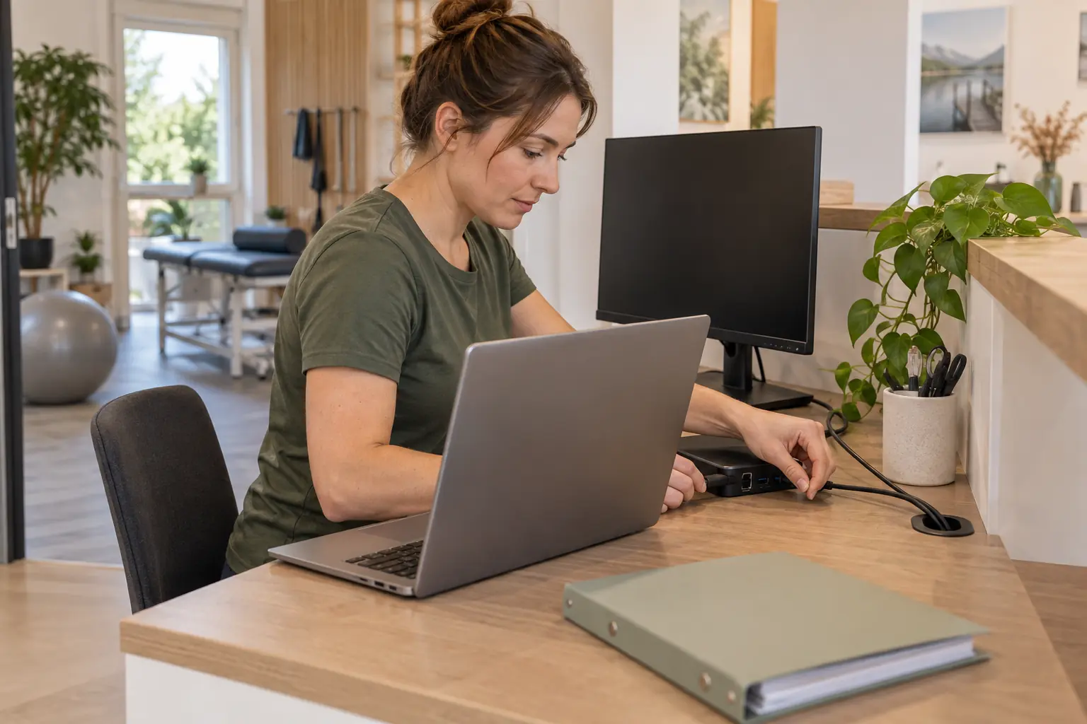 Praxismitarbeiterin verbindet an einem zusätzlichen Arbeitsplatz einen Laptop mit einer Dockingstation.
