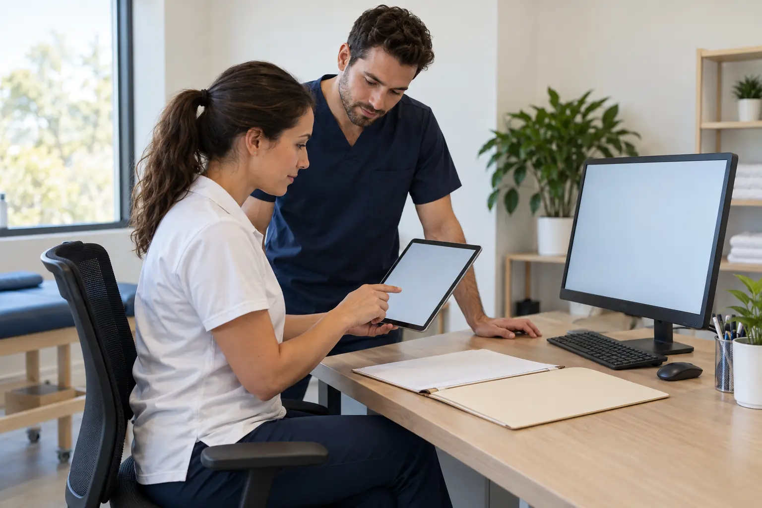 Eine Physiotherapeutin hält ein Tablet am Schreibtisch und bespricht den Arbeitsschritt mit einem Kollegen; daneben stehen ein Monitor mit unbeschrifteter Fläche und eine offene Mappe.