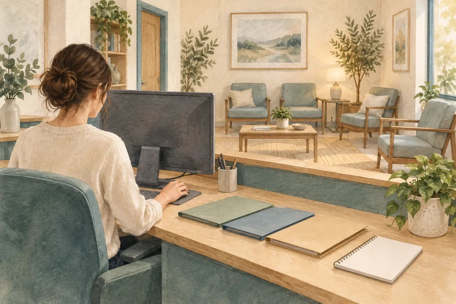 Eine Mitarbeiterin arbeitet selbstständig am Empfang einer vorbereiteten Praxis, im Aquarellstil dargestellt.
