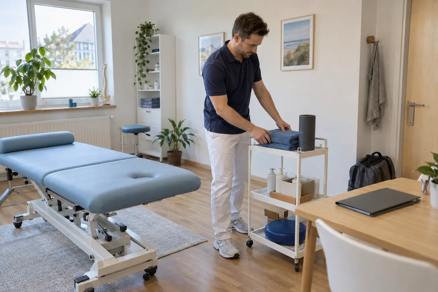 Ein Physiotherapeut bereitet einen kleinen Materialwagen neben einer unbenutzten Behandlungsliege vor.