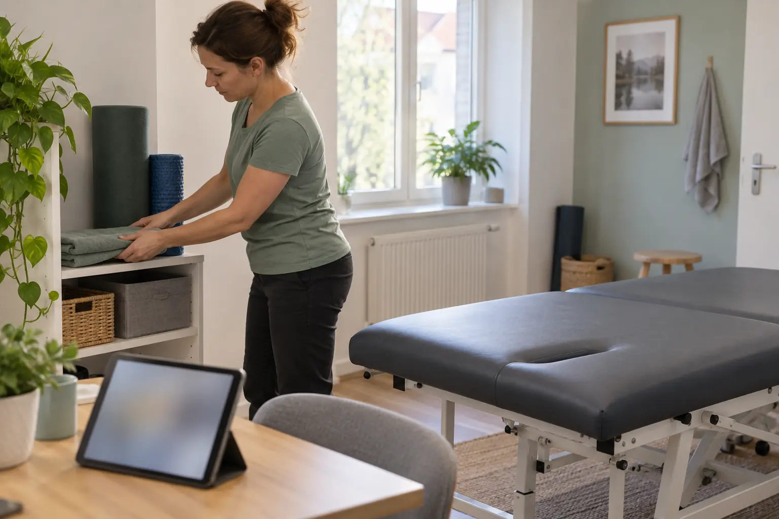 Eine Mitarbeiterin ordnet Handtuch und Rollen neben der unbenutzten Behandlungsliege; ein Tablet steht auf dem separaten Tisch.