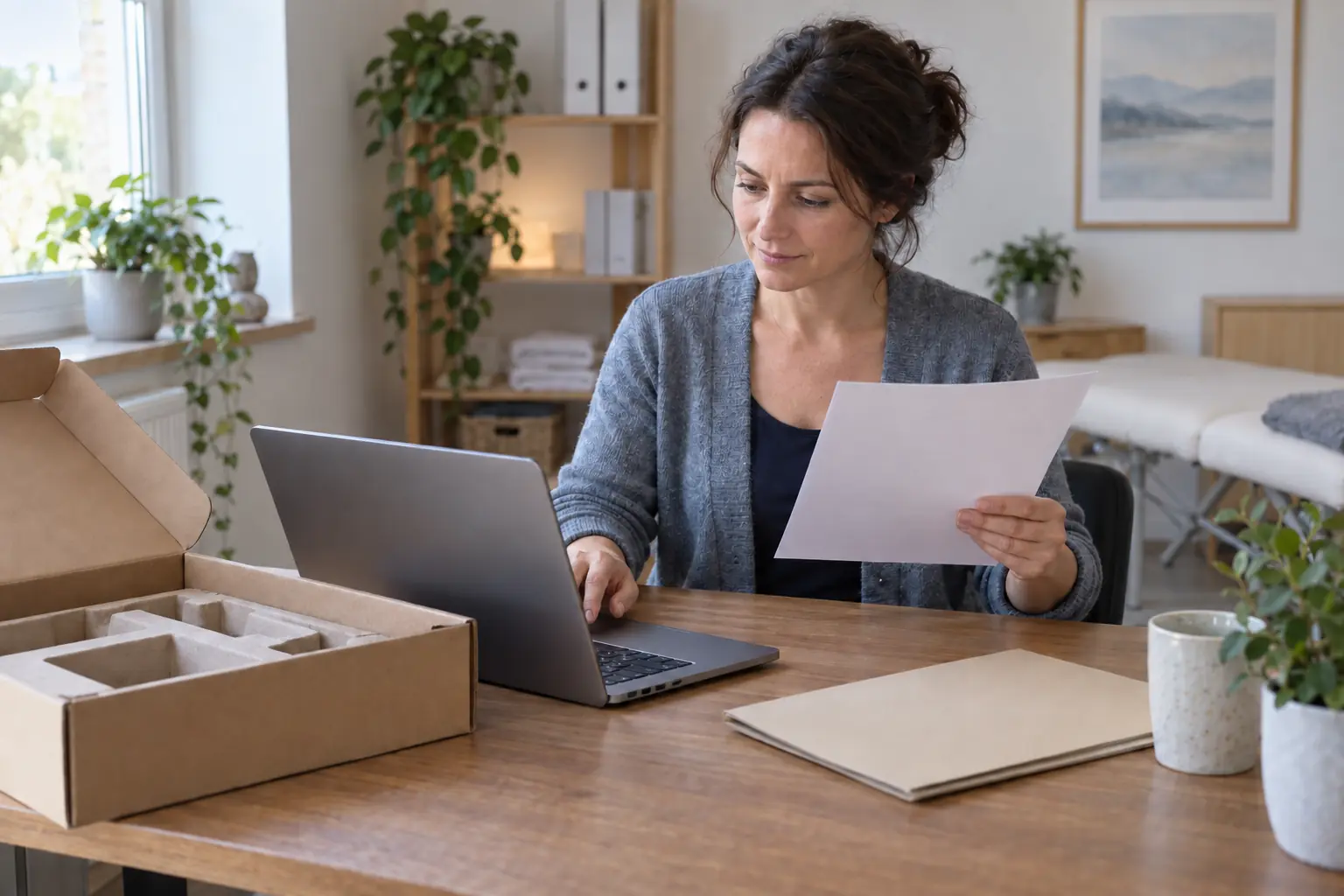 Eine Praxisinhaberin betrachtet ein Blatt neben einem Laptop mit offener Verpackung und einer geschlossenen Mappe auf ihrem Schreibtisch.