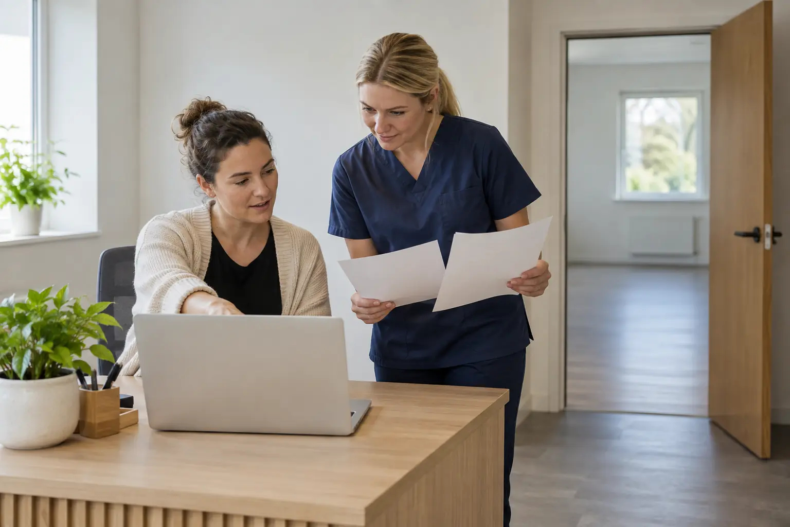 Eine Empfangsmitarbeiterin und eine Physiotherapeutin vergleichen zwei unbeschriftete Blätter neben einem Laptop mit leeren Flächen; eine offene Tür zeigt den Praxisraum dahinter.