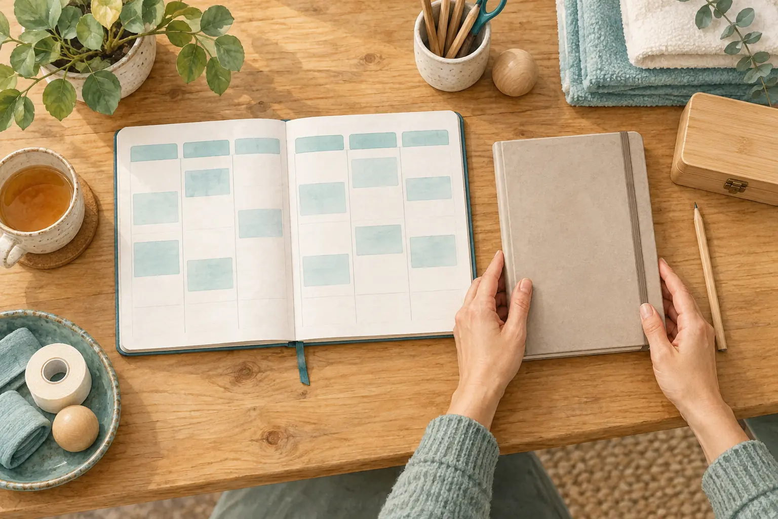 Eine Aquarellzeichnung zeigt Hände an einem Wochenplaner mit türkisfarbenen Feldern, einem Notizbuch, gefalteten Handtüchern und einer geschlossenen Materialbox.