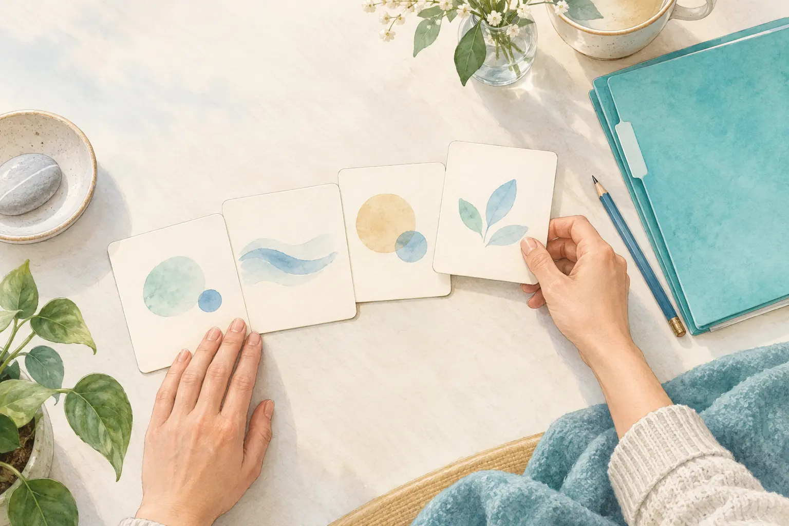Hände ordnen vier Karten mit abstrakten Motiven neben einer Patientenmappe und einem Stift.