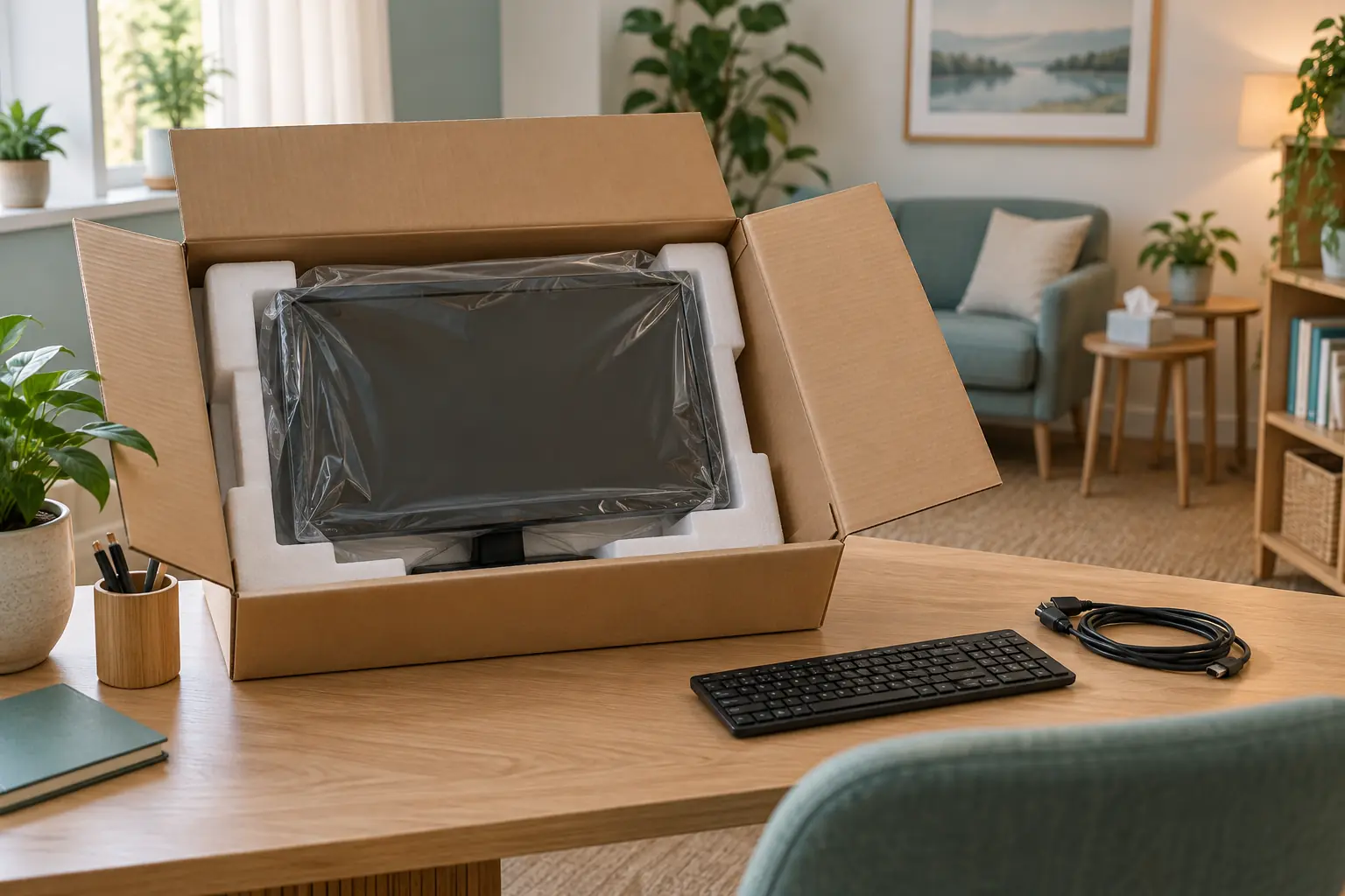 Ein verpackter Monitor im unbeschrifteten Karton steht neben einem noch nicht eingerichteten Praxisarbeitsplatz.
