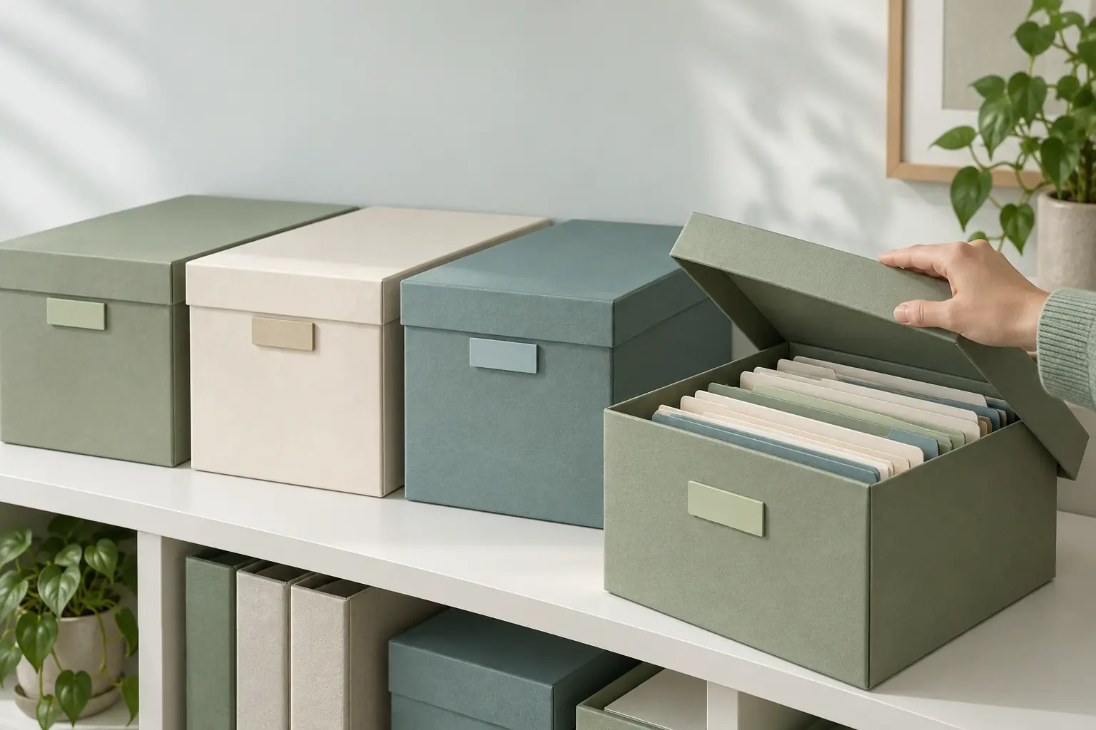Geordnete Archivboxen und Mappen; eine Hand schließt die vordere Box.