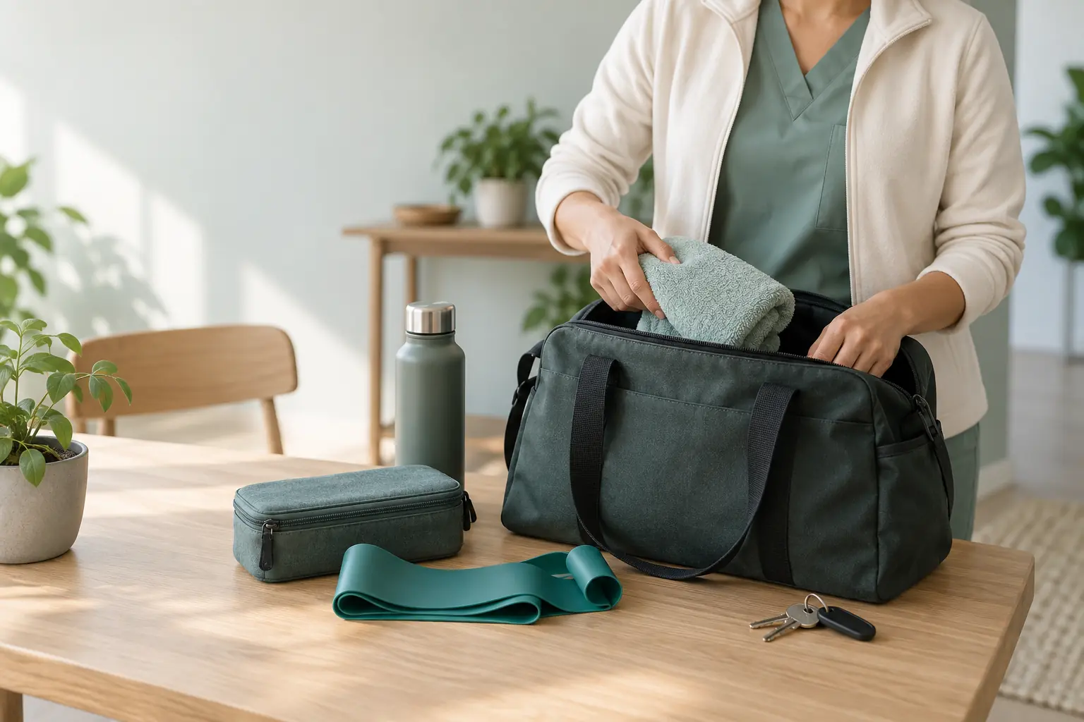 Eine Behandlerin legt ein Handtuch in eine offene Tasche; daneben liegen ein Übungsband und eine kleine Materialtasche.