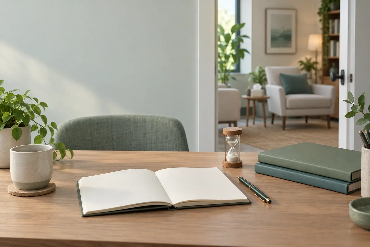 Ein ruhiger Arbeitsplatz mit leerem Notizbuch, Stift und geordneten Mappen neben einem Therapieraum.