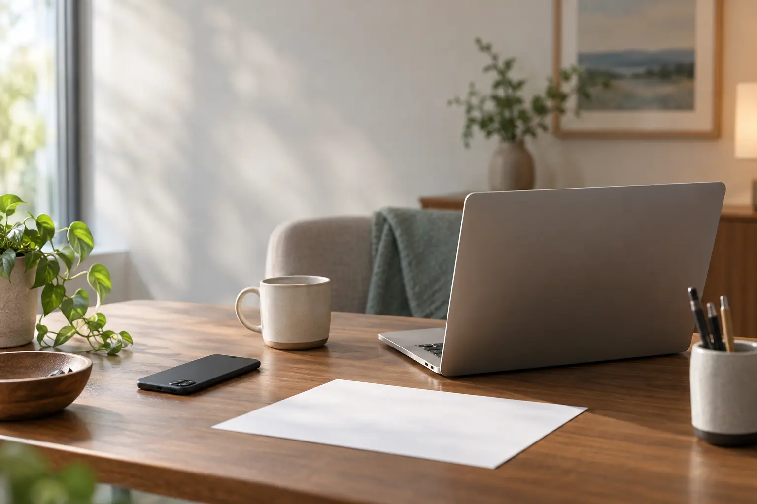 Ein Smartphone liegt neben einem Laptop und einer Tasse auf einem ruhigen Schreibtisch.