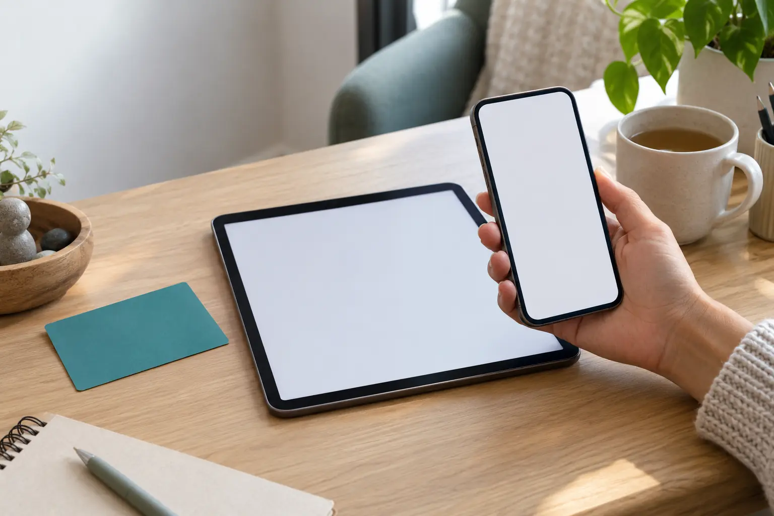 Eine Hand hält ein Smartphone mit leerem Bildschirm über einem Tablet auf einem Praxisarbeitsplatz.