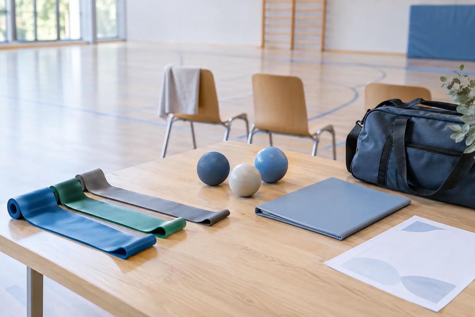 Trainingsbänder, drei Bälle, eine geschlossene Mappe und eine Sporttasche auf einem Tisch in einer Sporthalle