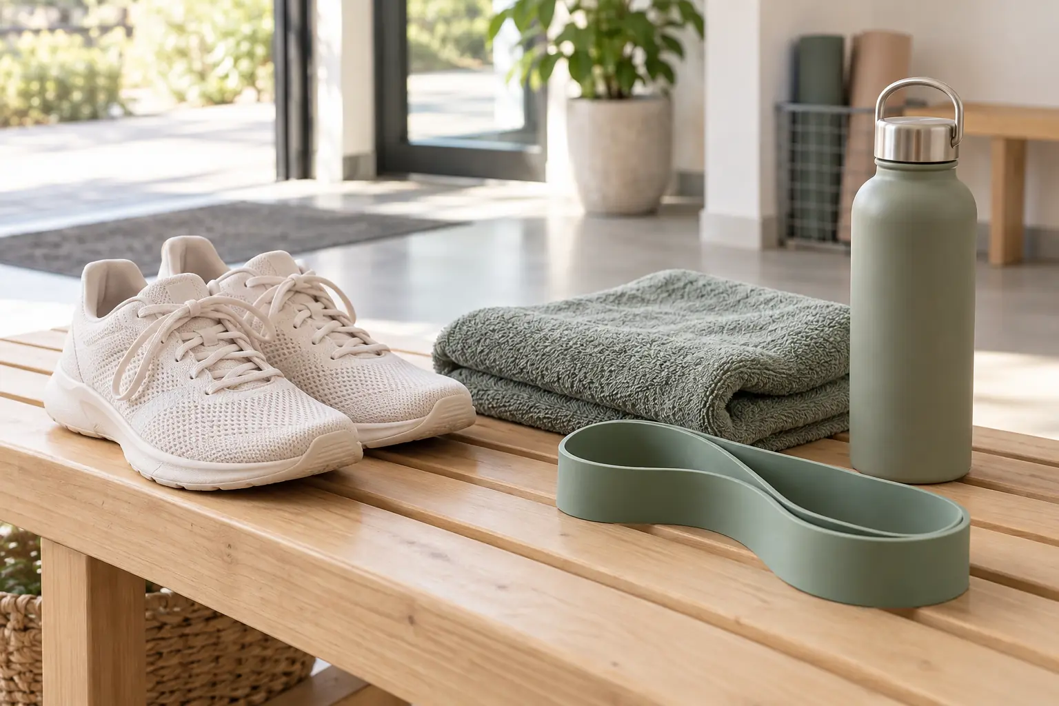 Hallenschuhe, gefaltetes Handtuch, Übungsband und Wasserflasche auf einer Holzbank