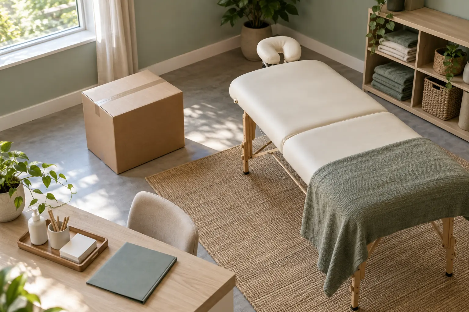 Heller Therapieraum mit Behandlungsliege, geschlossenem Ausstattungskarton und einer Ablage mit Notizbuch und Schlüsseln.