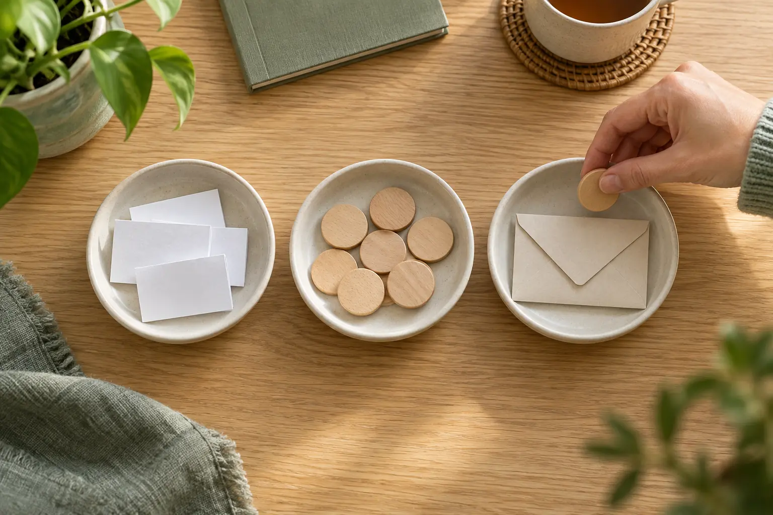 Drei unbeschriftete Keramikablagen mit Papier, Holzplättchen und Umschlag auf einem hellen Schreibtisch.