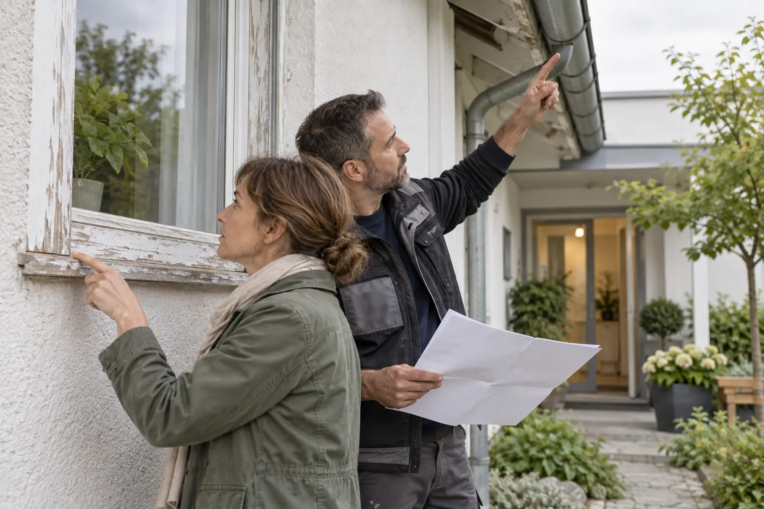 Zwei Personen prüfen Fensterrahmen und Regenrinne eines schlichten Praxisgebäudes.