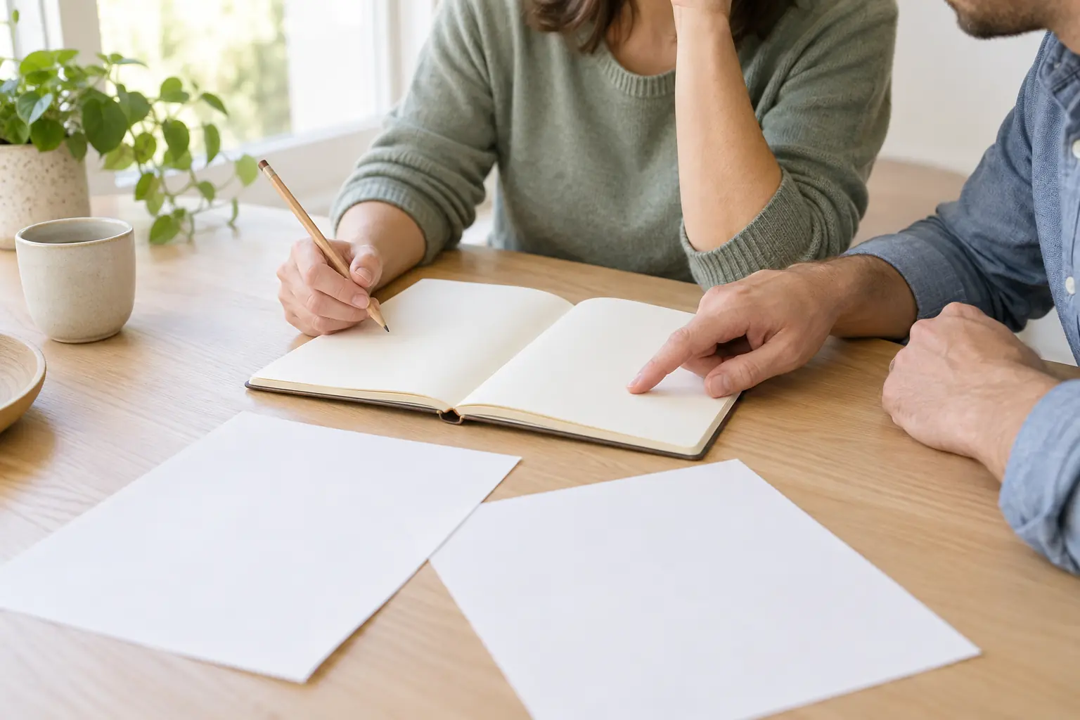 Zwei Kollegen betrachten an einem hellen Tisch ein offenes Notizbuch und lose Blätter; eine Hand hält einen Stift