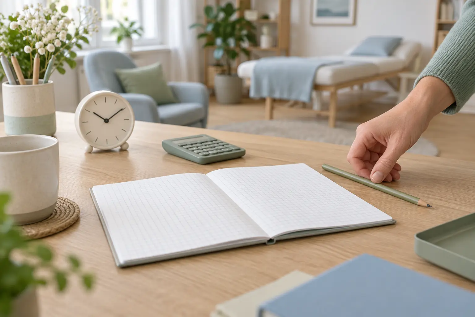 Eine Hand liegt neben einem Bleistift und einem leeren karierten Notizbuch; Uhr und Taschenrechner stehen auf dem Praxistisch.