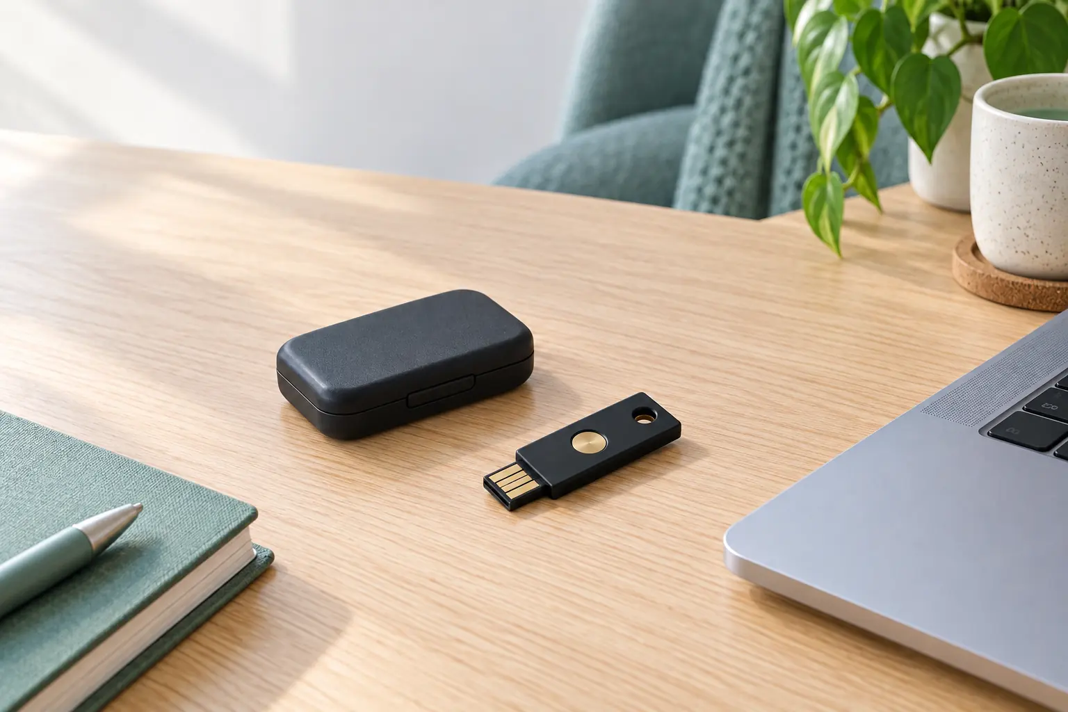 Unbeschrifteter USB-Sicherheitsschlüssel und geschlossene Aufbewahrungsbox neben einem Laptop