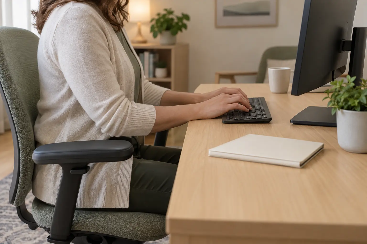 Detailansicht einer Person am Schreibtisch mit Stuhl, Tastatur und Bildschirm; daneben bleibt Ablagefläche frei