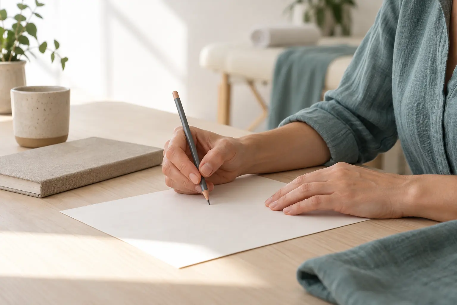 Zwei Hände halten Stift und Papier auf einem Holzschreibtisch; daneben liegen ein geschlossenes Notizbuch und eine Tasse.