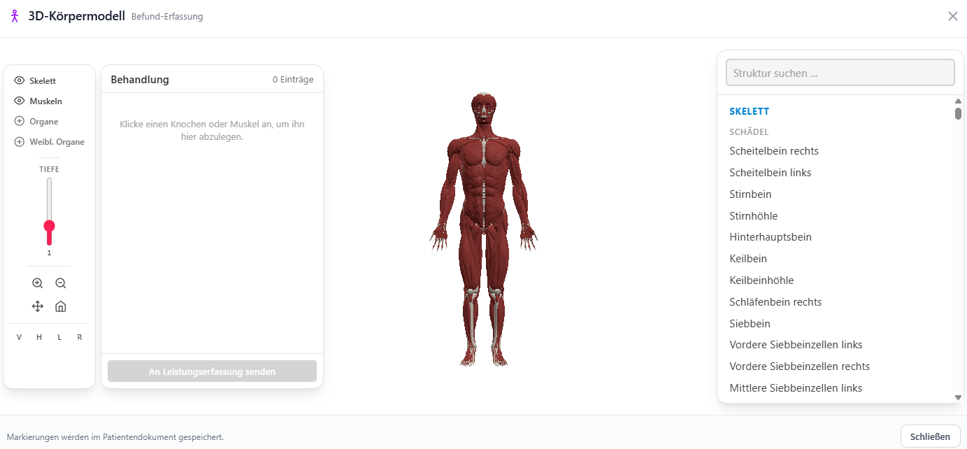 easymed 3D-Körpermodell mit klickbaren anatomischen Strukturen und Befund-Erfassung