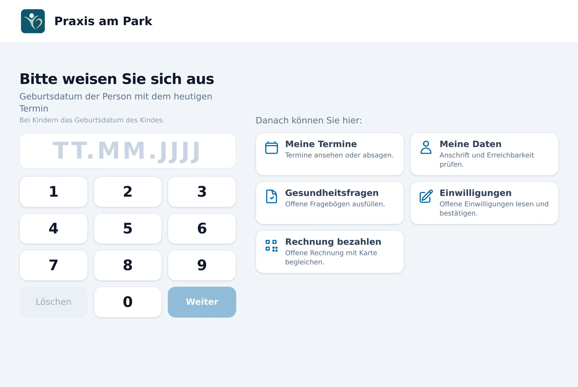 Empfangsterminal mit Gesundheitsfragen und Einwilligungen
